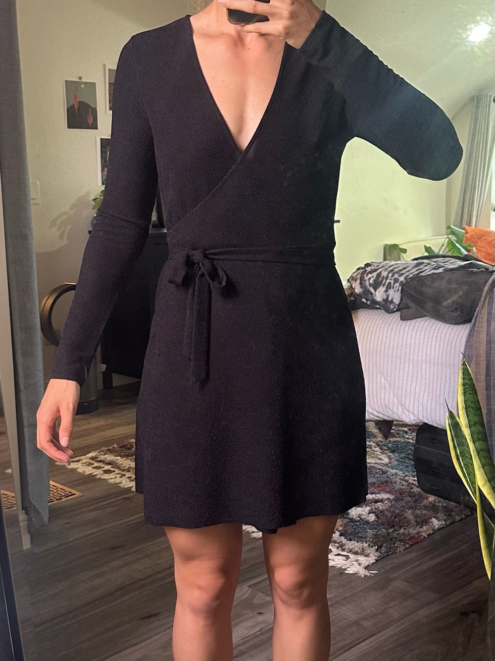 Black Long-Sleeve Wrap Dress